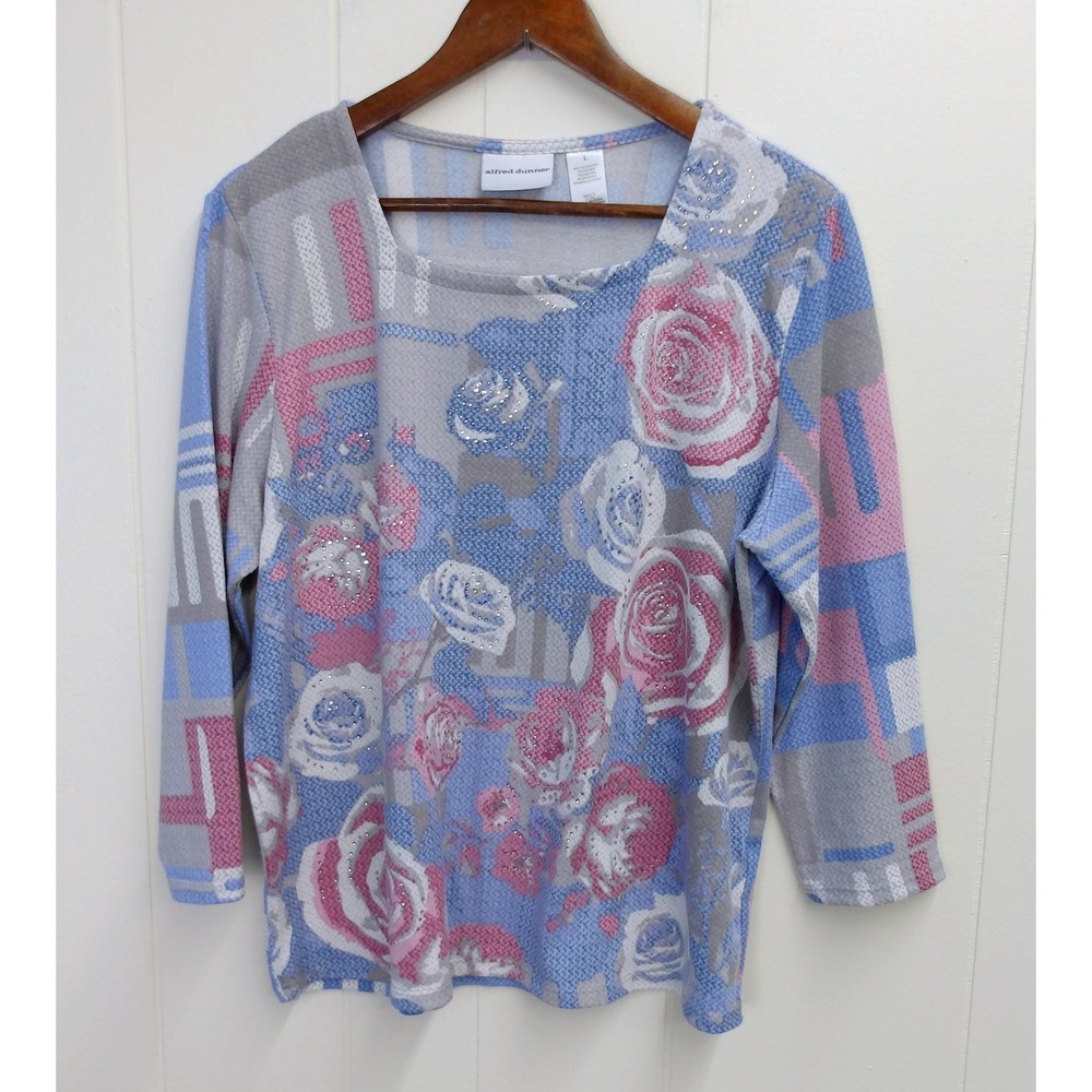 Alfred‎ Dunner Women's Rose Print Knit Top Long Sleeve Pastel Lg / 1089